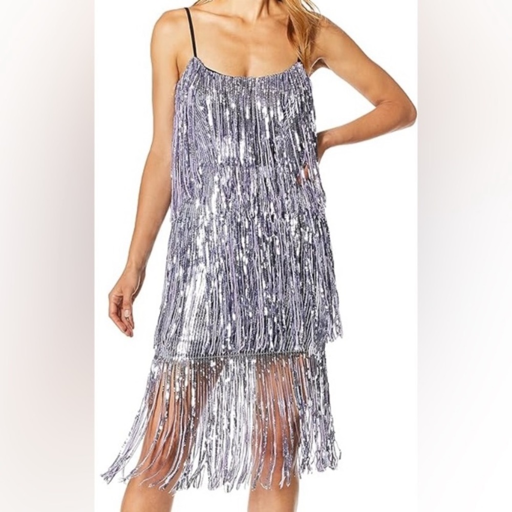 NWT Dress the Population lavender sequin fringe dress